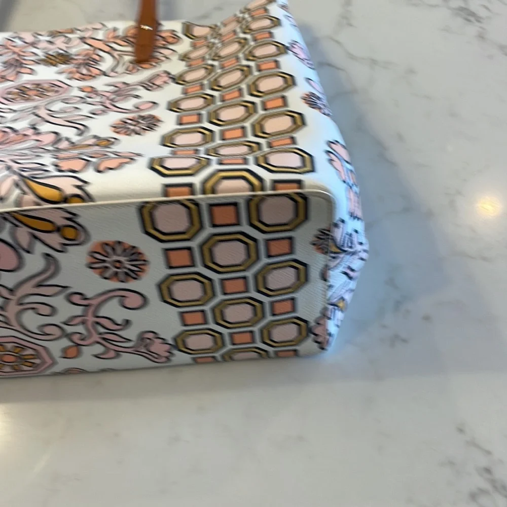 Tory Burch White, Tan & Yellow Printed Tote